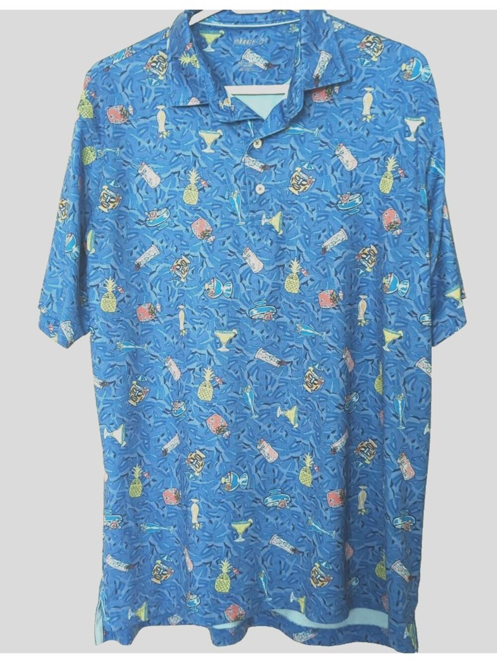 Johnnie-O Polo Shirt Mens L Blue Tropical Drink Hawaiian Performance Golf-lp296